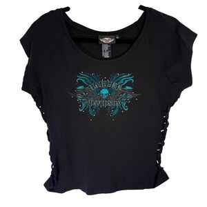 Harley Davidson Womens XL Black Teal Skull Rhinestone Braided Side Graphic Tee